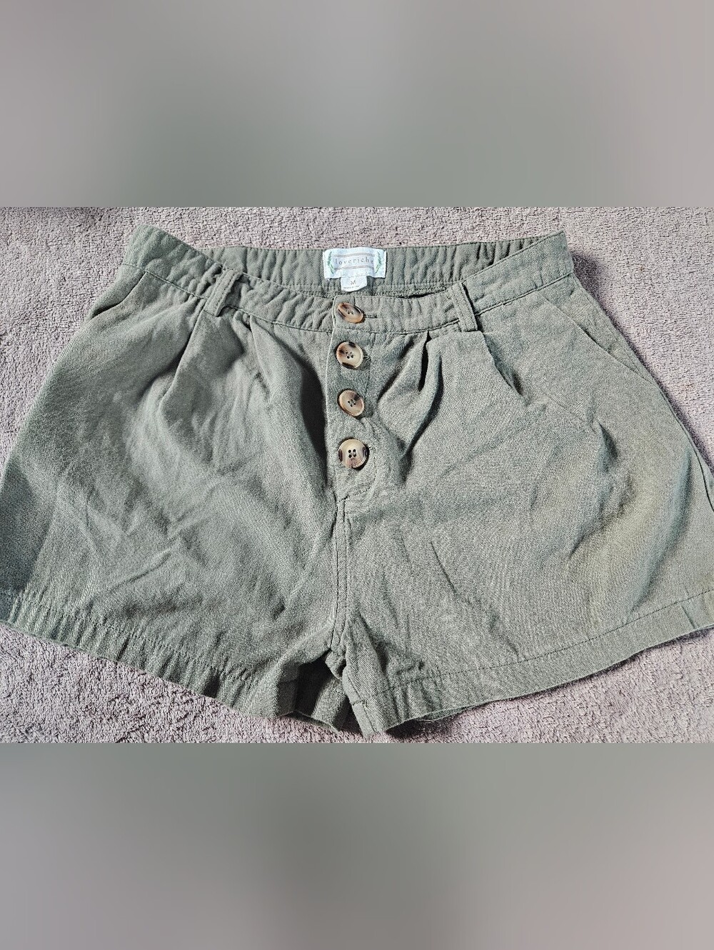 LoveRiche Olive Green High Rise Shorts | Button Front Utility Style